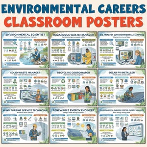May include: A collection of classroom posters labelled "Environmental Careers Classroom Posters." The posters showcase different environmental careers, such as Environmental Scientist, Hazardous Waste Manager, and GIS Analyst. Each poster includes illustrations and text.