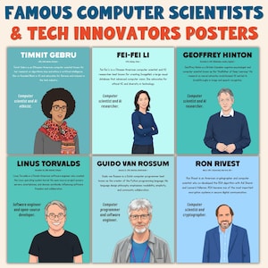 May include: A poster featuring illustrations of famous computer scientists and tech innovators. The poster includes portraits of Timnit Gebru, Fei-Fei Li, Geoffrey Hinton, Linus Torvalds, Guido van Rossum, and Ron Rivest, with their names and professions listed.