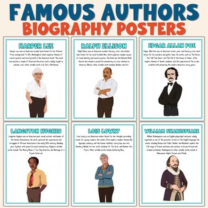 Puede incluir: Un conjunto de carteles titulado "FAMOUS AUTHORS BIOGRAPHY POSTERS" con ilustraciones de Harper Lee, Ralph Ellison, Edgar Allan Poe, Langston Hughes, Lois Lowry y William Shakespeare. Cada cartel incluye un retrato y una breve biografía.