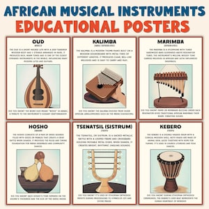 May include: Educational poster featuring illustrations of African musical instruments, including an oud, kalimba, marimba, hosho, tsenatsil, and kebero. Each instrument is depicted with a brief description and labeled with its name.