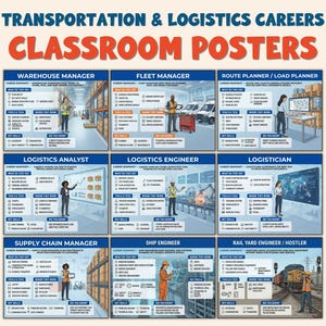 May include: Classroom posters about Transportation & Logistics Careers. The posters are titled: Warehouse Manager, Fleet Manager, Route Planner/Load Planner, Logistics Analyst, Logistics Engineer, Logistician, Supply Chain Manager, Ship Engineer, and Rail Yard Engineer/Hostler.