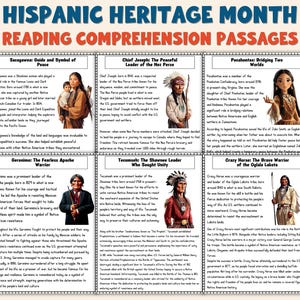 May include: A printed educational poster for Hispanic Heritage Month. The poster features text and images of historical figures like Sacagawea, Chief Joseph, and Pocahontas. The title reads "Reading Comprehension Passages."