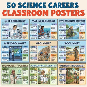 May include: A set of nine classroom posters with the title "50 Science Careers Classroom Posters." Each poster features a different science career, including Microbiologist, Marine Biologist, and Environmental Scientist, with illustrations and key information.