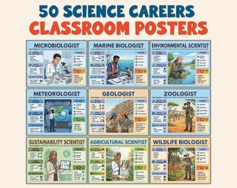 Set de 50 carteles de carreras científicas / Tablón de anuncios de carreras STEM / Exploración de carreras / Decoración para aulas de ciencias / Día de la profesión / Descarga digital