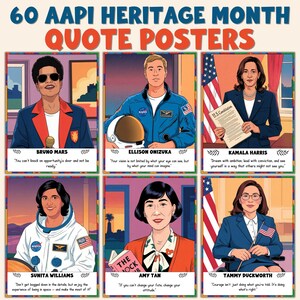 Könnte beinhalten: Sechs farbenfrohe Poster zum AAPI Heritage Month, jedes mit einem Porträt und einem Zitat einer bemerkenswerten Persönlichkeit. Die Poster zeigen Bruno Mars, Ellison Onizuka, Kamala Harris, Sunita Williams, Amy Tan und Tammy Duckworth.