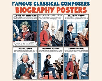 May include: A poster featuring illustrations of famous classical composers, including Ludwig van Beethoven, Wolfgang Amadeus Mozart, and Franz Schubert. The poster has the text "FAMOUS CLASSICAL COMPOSERS BIOGRAPHY POSTERS" at the top.