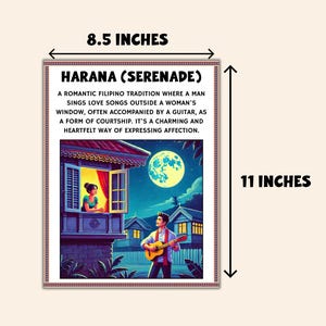 May include: An 8.5 x 11 inch framed print with the text "Harana (Serenade)" and a description of a Filipino tradition. The image depicts a man serenading a woman with a guitar under a full moon.