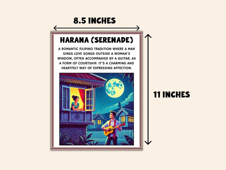 May include: An 8.5 x 11 inch framed print with the text "Harana (Serenade)" and a description of a Filipino tradition. The image depicts a man serenading a woman with a guitar under a full moon.