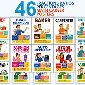 Puede incluir: Un conjunto de 46 pósteres educativos sobre carreras matemáticas con ilustraciones de diversas profesiones como chef, panadero y enfermero. Cada póster incluye texto que explica cómo se usan las fracciones, razones y porcentajes.