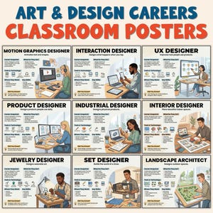 Pode incluir: Um conjunto de cartazes de sala de aula intitulado "Carreiras de Arte e Design" com nove profissões de design diferentes. Cada cartaz inclui um resumo da carreira, o que fazem, ferramentas e tecnologia, onde trabalham e habilidades-chave. As profissões incluem Motion Graphics, Interaction, UX, Product, Industrial, Interior, Jewelry, Set e Landscape.