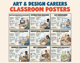 May include: A set of classroom posters titled "Art & Design Careers" showcasing nine design professions. Each poster details the profession with a career snapshot, job duties, tools, work locations, and key skills. Professions include Motion Graphics, Interaction, UX, Product, Industrial, Interior, Jewelry, Set, and Landscape.