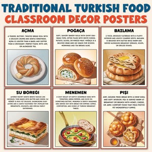 Traditionell turkisk matposters, 40 rätter, Världsmat, mångkulturell klassrumsdekor, anslagstavla för samhällskunskap och geografi, utskrivbar