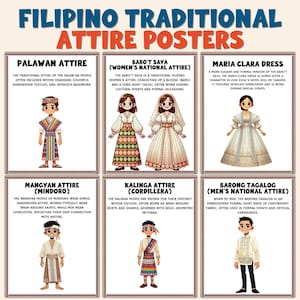 May include: A poster showcasing illustrations of Filipino traditional attire. Featured are detailed drawings of Palawan, Baro't Saya, Maria Clara Dress, Mangyan, Kalinga, and Barong Tagalog outfits, each with descriptive text.