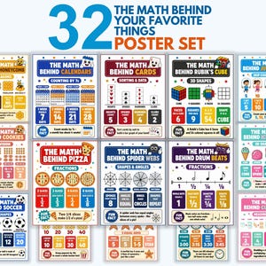 May include: A set of 16 educational posters titled The Math Behind Your Favorite Things. Each poster features colorful illustrations and text explaining mathematical concepts like fractions, shapes, and counting using everyday objects like pizza, cookies, and soccer balls.