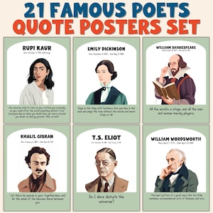 May include: A collection of six quote posters showcasing portraits of renowned poets, such as Rupi Kaur, Emily Dickinson, and William Shakespeare. Each poster displays a quote, the poet's name, and their birth and death dates. The title "21 Famous Poets Quote Posters Set" is at the top.