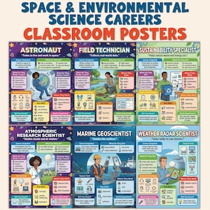 May include: A set of classroom posters titled "Space & Environmental Science Careers." The posters display colourful illustrations and information about careers such as Astronaut, Field Technician, and Sustainability Specialist.