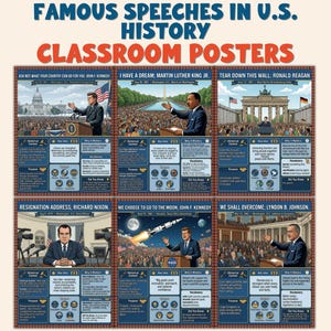 Op de afbeelding: Een reeks klasposters met de titel "Famous Speeches in U.S. History". Elke poster toont een toespraak, waaronder "I Have a Dream" en "We Choose to Go to the Moon".