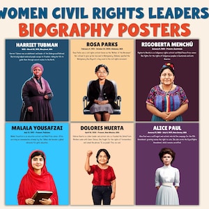Könnte beinhalten: Sechs Biografiefolien mit prominenten Frauen der Bürgerrechtsbewegung. Jede Folie zeigt ein Porträt, den Namen und eine kurze Beschreibung. Die Folien tragen den Titel "Women Civil Rights Leaders Biography Posters".