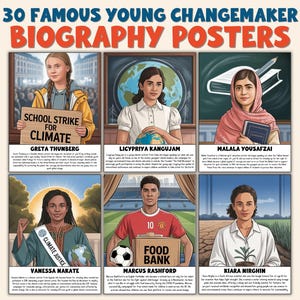 Puede incluir: Un póster con ilustraciones de seis jóvenes activistas, incluyendo a Greta Thunberg y Malala Yousafzai. El título del póster es "30 Famous Young Changemaker Biography Posters". Cada retrato incluye el nombre y una breve descripción.