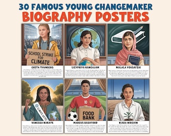 Young Changemakers Posters, Youth Activists & Teen Inventors, Biography Printables, Classroom Decor, SEL, Bulletin Board, 30 Figures, Bundle