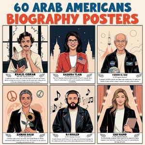 Puede incluir: Un póster con seis retratos de destacados estadounidenses de origen árabe. El título dice "60 Arab Americans Biography Posters." Cada retrato incluye el nombre de la persona y una breve descripción de sus logros.