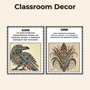 May include: Classroom decor featuring two framed art prints. One depicts a stylized raven with geometric patterns, the other a corn plant. Text on the prints describes the symbolism of each image.