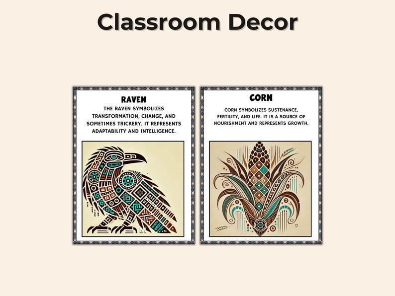 May include: Classroom decor featuring two framed art prints. One depicts a stylized raven with geometric patterns, the other a corn plant. Text on the prints describes the symbolism of each image.