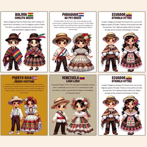 Puede incluir: Ilustraci&oacute;n de seis tarjetas con trajes tradicionales de Bolivia, Paraguay, Ecuador, Puerto Rico y Venezuela. Cada tarjeta muestra figuras masculinas y femeninas con atuendos coloridos y detallados, con texto.