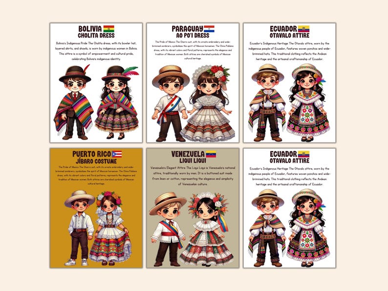 Puede incluir: Ilustraci&oacute;n de seis tarjetas con trajes tradicionales de Bolivia, Paraguay, Ecuador, Puerto Rico y Venezuela. Cada tarjeta muestra figuras masculinas y femeninas con atuendos coloridos y detallados, con texto.