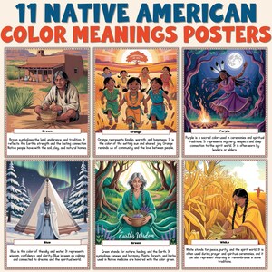 Puede incluir: Un conjunto de carteles titulado "11 Carteles de Significados de Colores Nativos Americanos". Los carteles presentan ilustraciones con texto que explica el simbolismo de colores como el marrón, el naranja, el morado, el azul, el verde y el blanco. Las ilustraciones representan temas culturales nativos americanos.