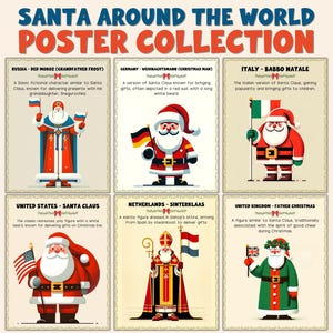 Puede incluir: Una colección de carteles titulada "Santa Around the World" con ilustraciones de figuras de Papá Noel de diferentes países. Cada figura de Papá Noel se representa con atuendos y banderas únicos, que representan a Rusia, Alemania, Italia, Estados Unidos, Países Bajos y Reino Unido.