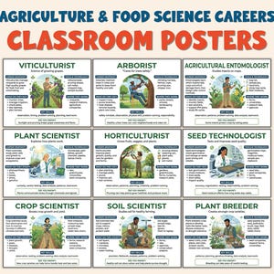 May include: Classroom poster about Agriculture & Food Science careers. The poster features nine panels with job titles like Viticulturist, Arborist, and Plant Scientist. Each panel includes job descriptions, key skills, and where they work.