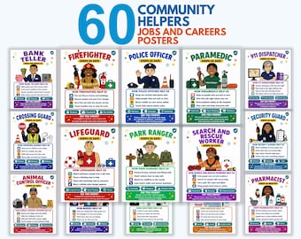 Community Helpers Posters, Set of 60 Classroom Posters, Community Workers Bulletin Board, People Who Help Us, Career Day Printable PDF