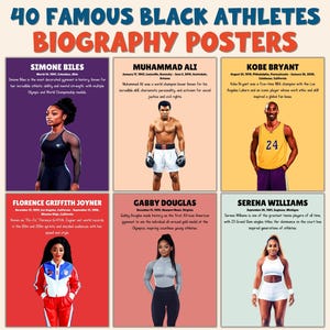 40 affischer med biografier över svarta idrottare | Dekoration för klassrum under Black History Month | Anslagstavla för sportlegender | Ikoner för afroamerikanska olympier