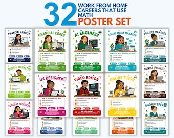 Work From Home Careers That Use Math Posters, Set of 32 Career Day Printable, Math Classroom Decor, Remote Jobs Career Exploration, PDF