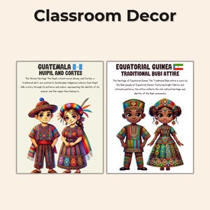 Puede incluir: Decoraci&oacute;n de aula con ilustraciones de trajes tradicionales de Guatemala y Guinea Ecuatorial. La imagen de Guatemala muestra a un ni&ntilde;o y una ni&ntilde;a con trajes coloridos. La imagen de Guinea Ecuatorial muestra a un ni&ntilde;o y una ni&ntilde;a con ropa vibrante.