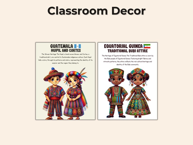 Puede incluir: Decoraci&oacute;n de aula con ilustraciones de trajes tradicionales de Guatemala y Guinea Ecuatorial. La imagen de Guatemala muestra a un ni&ntilde;o y una ni&ntilde;a con trajes coloridos. La imagen de Guinea Ecuatorial muestra a un ni&ntilde;o y una ni&ntilde;a con ropa vibrante.