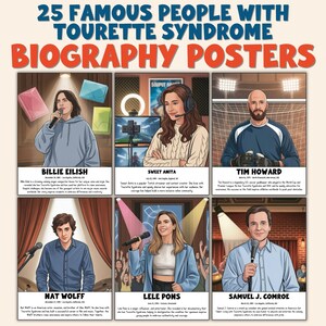 May include: A poster with illustrations of six individuals, including Billie Eilish and Tim Howard, with the text "25 Famous People With Tourette Syndrome Biography Posters". The poster has a red and blue colour scheme.