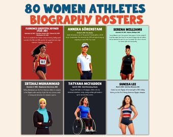 May include: A poster set titled "80 Women Athletes Biography Posters." The image features six portraits of female athletes, including Florence Griffith Joyner, Annika Sörenstam, and Serena Williams. Each portrait is accompanied by the athlete's name and biographical information.