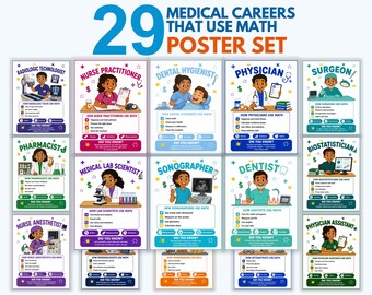 Medical Careers That Use Math Posters, Real World Math Classroom Decor, Health Careers Bulletin Board, Middle School Math, Printable PDF