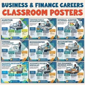 May include: A set of classroom posters titled "Business & Finance Careers" displaying nine career snapshots. Each snapshot provides a job title, a short description, and related information. Titles include Auditor, CPA, Internal Auditor, Forensic Accountant, Bookkeeper, Accounting Clerk, and others.