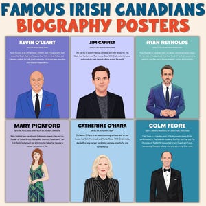 May include: A poster featuring six illustrated portraits of famous Irish Canadians. The poster includes the names Kevin O'Leary, Jim Carrey, Ryan Reynolds, Mary Pickford, Catherine O'Hara, and Colm Feore, with biographical text below each portrait.