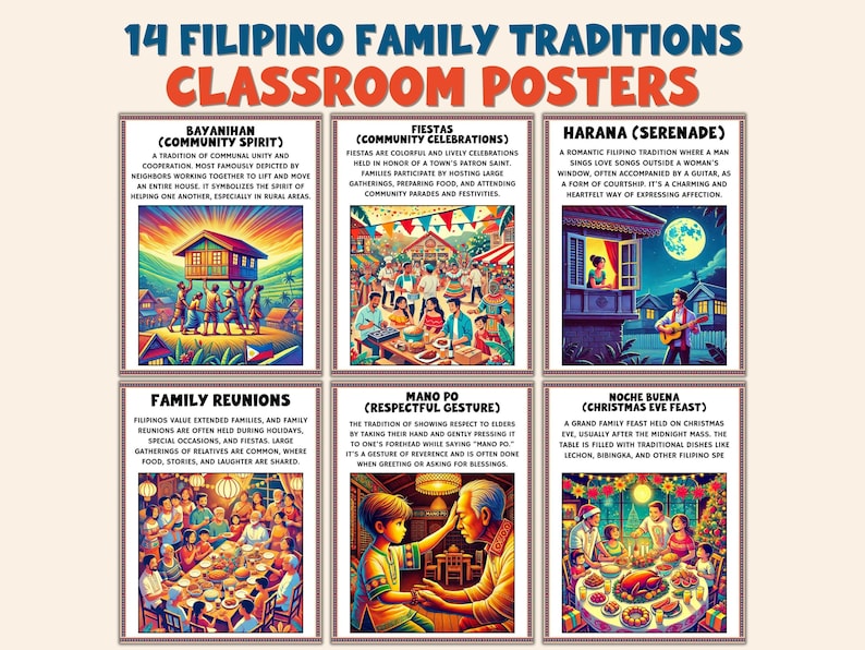 May include: A classroom poster set featuring six colorful illustrations depicting Filipino family traditions. The poster includes text describing each tradition, such as Bayanihan, Fiestas, Harana, Family Reunions, Mano Po, and Noche Buena.