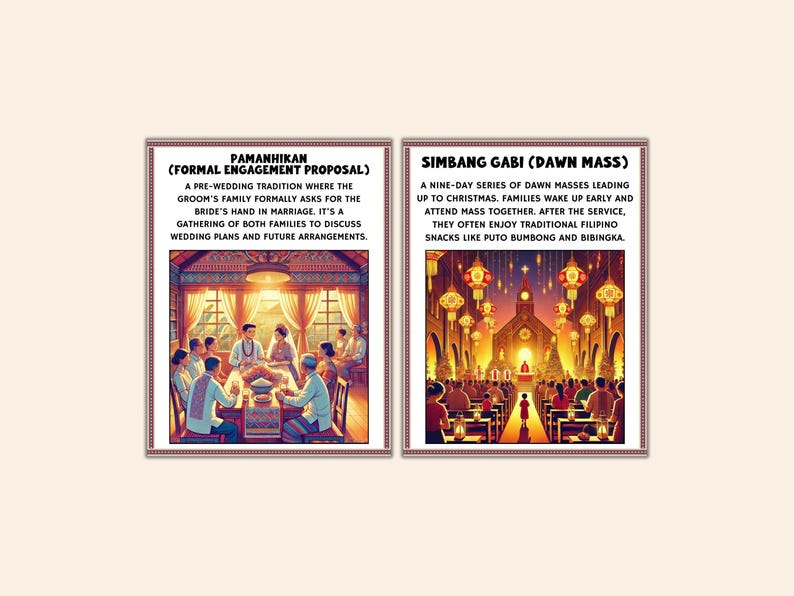 May include: Two framed illustrations with text. One depicts a formal engagement proposal with families gathered around a table. The other shows a church interior with people attending mass, with text about Simbang Gabi.