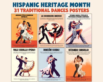 Cartazes de dança do mês da herança hispânica 31 danças tradicionais da América Latina e Espanha Quadro de avisos culturais de dança latina, decoração de sala de aula