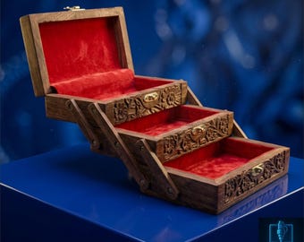 Hand-Carved Wooden Jewelry Box, Foldable Storage Organizer (10x11x8 Inch)