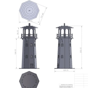Könnte beinhalten: Technische Zeichnung eines Leuchtturms mit detaillierten Abmessungen. Der Leuchtturm ist grau, mit einem mehrstufigen Design, einschließlich eines Laternenraums und einer Basis. Die Maße sind in Millimetern angegeben, mit einer Gesamthöhe von 232,12 mm.