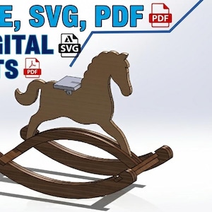 May include: A wooden rocking horse design, ideal for digital crafting projects. The image shows a brown rocking horse with a light grey seat, set against a white background. Text at the top reads "DXF FILE, SVG, PDF" and "ETSY DIGITAL PRODUCTS".