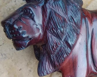 10 Inch long Rosewood Hand carved Display Wild Lion