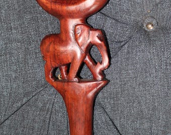 36 Inch Handcrafted Wooden Walking Stick with Elephant Design, Brown Carved Handle,